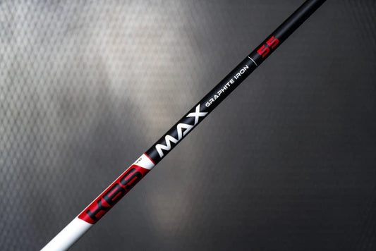 KBS MAX Graphite Iron golf shaft close-up, angled view showing red and black finish